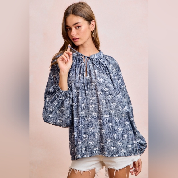 BiBi Ribbon Bow Print Exaggerated Balloon Sleeves Top